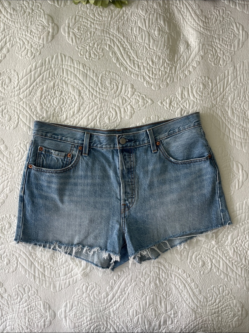 Levi's 501 Light Blue Denim Frayed Hem Shorts